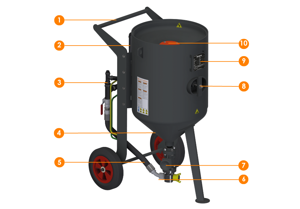 Detailed diagram of an Elcometer co<i></i>ntractor abrasive blast machine, showcasing its key compo<i></i>nents for efficient sandblasting operations.